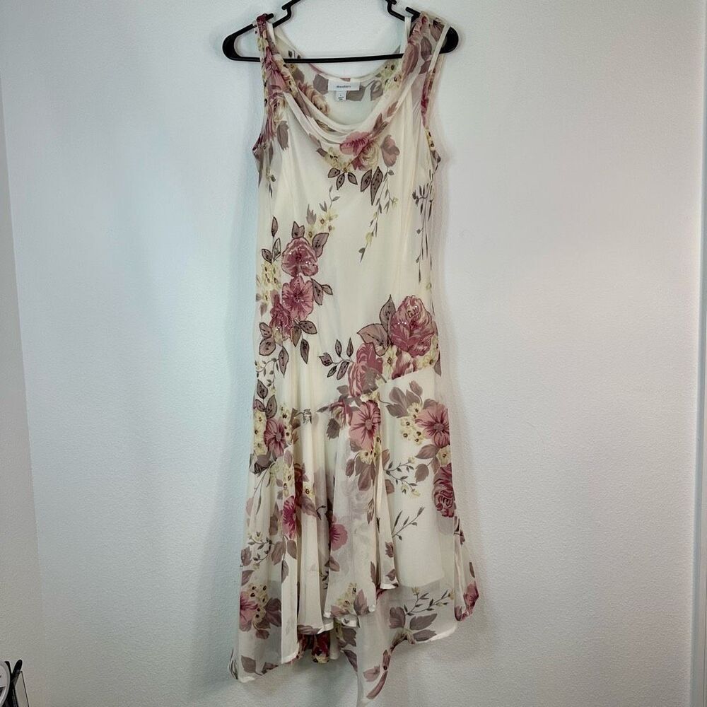 Dressbarn Feminine Floral Midi Dress Womens Large Asymmetrical Hem Fairycore
